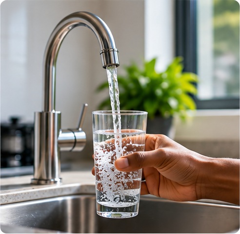 Clear municipal water flowing from a kitchen tap