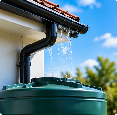 Rainwater being collected from a roof gutter into a storage tank