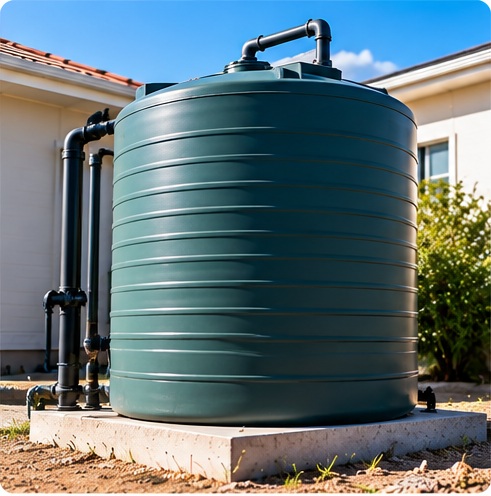 Outdoor water storage tank connected to pipework