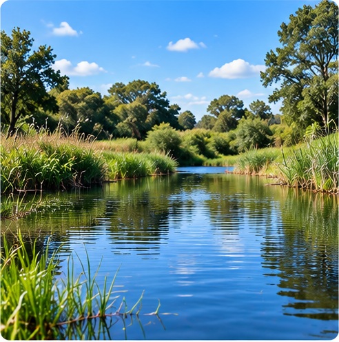 Surface water source surrounded by vegetation
